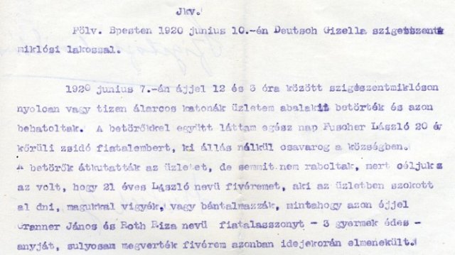 Részlet Deutsch Gizella bejelentéséből a PIH Jogsegítő Irodáján- 1920. június 10. (Forrás: MZSL)
